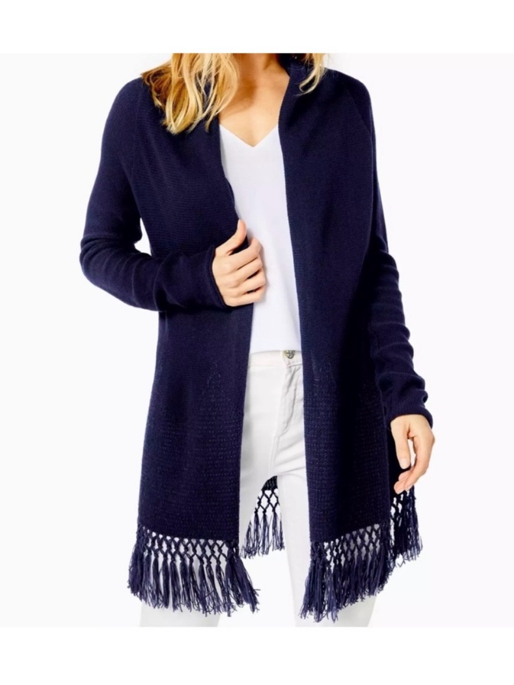 Lilly Pulitzer Tatum Navy Fringe Open-Front Cardigan